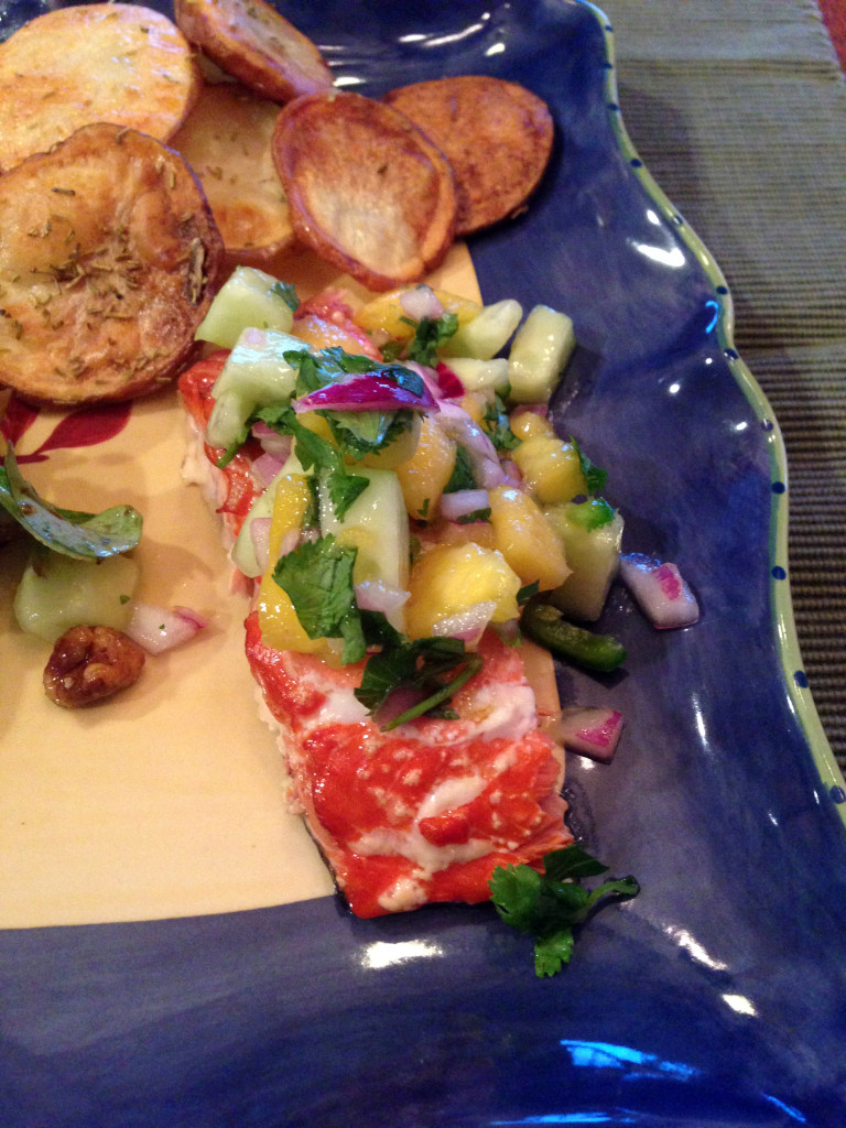 Cedar Plank Wild Salmon with Mango Salsa Basil and Vine